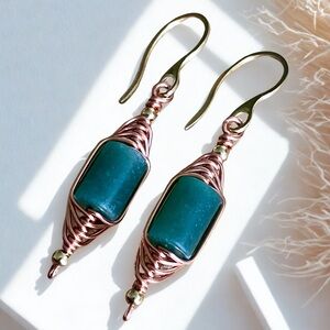 Handmade Wire Wrapped Mixed Metal Earrings, Green Aventurine copper & stainless